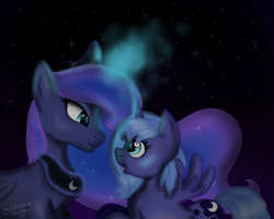 Size: 1000x800 | Tagged: safe, artist:marylinnblack, princess luna, g4, filly, magic, night, self ponidox, smiling, spread wings, woona