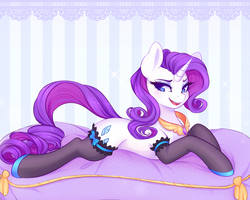 Size: 1000x800 | Tagged: safe, artist:spittfireart, rarity, pony, unicorn, beautiful, clothes, cute, element of generosity, female, mare, open mouth, pillow, prone, raribetes, slim, smiling, solo, stockings