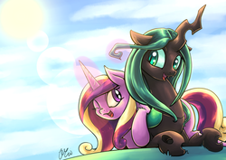 Size: 2046x1447 | Tagged: dead source, safe, artist:lovelyneckbeard, princess cadance, queen chrysalis, alicorn, changeling, changeling queen, pony, g4, cloud, cuddling, cute, cutealis, cutedance, female, happy, lens flare, lesbian, looking at each other, magic, mare, one eye closed, open mouth, ship:cadalis, shipping, sky, snuggling, sun, wink