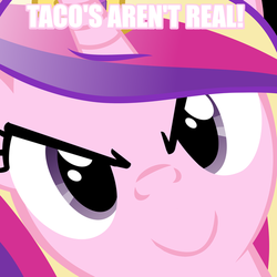 Size: 600x600 | Tagged: safe, edit, princess cadance, g4, >:), close-up, face, grammar error, heresy, hi anon, image macro, level of heresy: bs, meme, misspelling, sonata fuel, taco, this is obviously a spy!