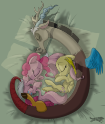Size: 1850x2188 | Tagged: safe, artist:lostinthetrees, discord, fluttershy, pinkie pie, draconequus, earth pony, pegasus, pony, g4, curled up, cute, daaaaaaaaaaaw, diapinkes, discord gets all the mares, discute, eyes closed, female, male, mare, on side, shyabetes, sleeping, smiling