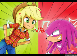 Size: 1653x1217 | Tagged: safe, artist:the-butch-x, applejack, echidna, human, anthro, equestria girls, g4, cross-popping veins, crossover, duo, knuckles the echidna, male, sonic the hedgehog (series), super form, super knuckles