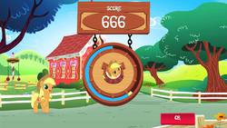 Size: 960x540 | Tagged: safe, gameloft, applejack, g4, 666, number of the beast, score, wat