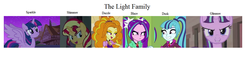 Size: 1187x270 | Tagged: safe, adagio dazzle, aria blaze, sonata dusk, starlight glimmer, sunset shimmer, twilight sparkle, pony, equestria girls, g4, my little pony equestria girls: rainbow rocks, the cutie map, name, names, similarities, stellar similarities, the dazzlings, the light family, twilight sparkle (alicorn)