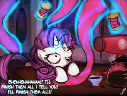 Size: 960x720 | Tagged: safe, artist:lumineko, rarity, g4, coffee, coffee machine, dialogue, drool, female, insanity, rarisnap, ribbon, sewing machine, solo, that pony sure does love dresses, thread, traditional art