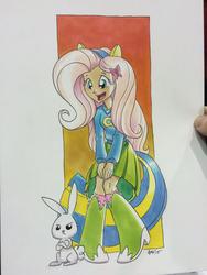 Size: 600x800 | Tagged: safe, artist:tony fleecs, angel bunny, fluttershy, equestria girls, g4, clothes, sweater, sweatershy, traditional art, wondercolts