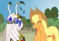 Size: 1280x880 | Tagged: safe, artist:coyotepack, applejack, oc, oc:starwit, alien, original species, g4, antennae, blue eyes, green eyes, hexapod alien pony, multiple legs, multiple limbs, orange coat, six-legged pony, sweet apple acres, tendrils, tentacle mane, tentacles, white coat