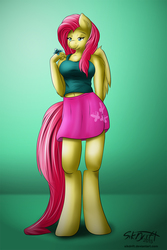 Size: 1000x1500 | Tagged: safe, artist:sikdrift, fluttershy, butterfly, pegasus, anthro, unguligrade anthro, g4, belly button, clothes, female, midriff, skirt, solo, tank top