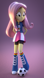 Size: 1080x1920 | Tagged: safe, artist:3d thread, artist:creatorofpony, fluttershy, rainbow dash, series:humane six in rainbow dash's clothes, equestria girls, g4, 3d, 3d model, arm behind back, ball, blender, boots, clothes, clothes swap, collar, compression shorts, football, rainbow dash's boots, rainbow dash's clothes, rainbow dash's jacket, rainbow dash's shirt, rainbow dash's skirt, rainbow dash's socks, rainbow dash's wristband, rainbow socks, shirt, shoes, shorts, skirt, socks, solo, striped socks, teenager