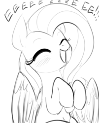 Size: 492x612 | Tagged: safe, artist:dotkwa, fluttershy, pegasus, pony, g4, blushing, cute, eeee, excited, exclamation point, eyes closed, female, grayscale, grin, happy, mare, monochrome, shyabetes, simple background, sitting, smiling, solo, spread wings, squee, white background, wings