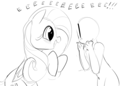 Size: 816x561 | Tagged: safe, artist:dotkwa, fluttershy, oc, oc:anon, human, pegasus, pony, g4, bipedal, blushing, cute, eeee, excited, exclamation point, eye contact, female, grayscale, grin, looking at each other, mare, monochrome, rearing, shyabetes, simple background, smiling, squee, white background