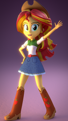 Size: 1080x1920 | Tagged: safe, artist:3d thread, artist:creatorofpony, applejack, sunset shimmer, equestria girls, g4, 3d, 3d model, applejack's belt, applejack's hat, applejack's skirt, belt, blender, boots, button-up shirt, clothes, clothes swap, cowboy boots, cowboy hat, cowgirl, cowgirl outfit, denim skirt, hat, high heel boots, shirt, shoes, skirt, smiling, solo, stetson, teenager, waving
