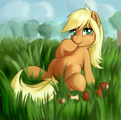 Size: 1600x1586 | Tagged: safe, artist:sokolas, applejack, g4, alternate hairstyle, apple, belly, female, grass field, loose hair, sitting, solo, strategically covered