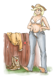 Size: 900x1250 | Tagged: safe, artist:king-kakapo, applejack, human, g4, barefoot, belly button, belt, boots, bra, clothes, dressing, feet, female, humanized, jeans, panties, partially undressed, sketch, solo, underwear, white underwear