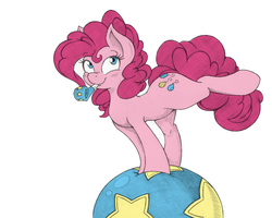 Size: 1169x937 | Tagged: safe, artist:joey darkmeat, artist:shawnyall, pinkie pie, earth pony, pony, g4, balancing, ball, blushing, cute, female, mouth hold, party horn, raised leg, silly, smiling, solo
