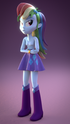 Size: 1080x1920 | Tagged: safe, artist:3d thread, artist:creatorofpony, rainbow dash, rarity, equestria girls, g4, 3d, 3d model, annoyed, blender, boots, bracelet, clothes, clothes swap, crossed arms, fetish, fraer suleyman, jewelry, multichech, rarity's skirt, shirt, skirt, solo, teenager, top, trigande, what the hay?, wtf