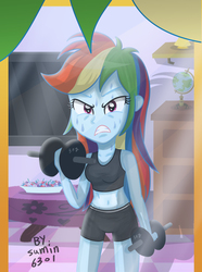 Size: 1508x2029 | Tagged: safe, artist:sumin6301, rainbow dash, equestria girls, g4, belly button, clothes, dumbbell (object), female, midriff, mirror, pov, solo, sports bra, sports shorts, sweat, weight lifting, weights, workout