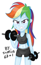 Size: 1172x1855 | Tagged: safe, artist:sumin6301, rainbow dash, equestria girls, g4, belly button, clothes, female, midriff, simple background, solo, sports bra, sports shorts, transparent background, vector, weight lifting