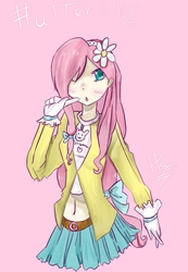 Size: 555x800 | Tagged: safe, artist:kumquat2514, fluttershy, human, g4, belly button, clothes, female, humanized, midriff, skirt, solo