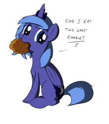 Size: 540x613 | Tagged: safe, artist:geneticanomaly, princess luna, g4, cookie, cute, female, filly, lunabetes, solo, woona