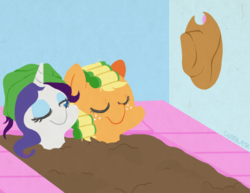 Size: 800x616 | Tagged: safe, artist:coggler, applejack, rarity, g4, hair curlers, hilarious in hindsight, mud, mud bath, rarity loves mud, ship:rarijack, shipping, spa, spa day