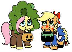 Size: 500x360 | Tagged: safe, artist:coggler, applejack, fluttershy, g4, clothes, costume, fluttertree, halloween, i'd like to be a tree, raggedy ann, tree