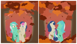 Size: 1024x591 | Tagged: safe, artist:coggler, bon bon, lyra heartstrings, sweetie drops, earth pony, pony, unicorn, g4, autumn, butt bump, butt to butt, butt touch, female, intertwined tails, lesbian, mare, ship:lyrabon, shipping