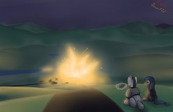 Size: 1280x828 | Tagged: safe, artist:the-furry-railfan, oc, oc only, oc:night strike, oc:scouring charge, pegasus, pony, unicorn, fallout equestria, fallout equestria: empty quiver, clothes, detonator, explosion, explosives, fireball, night, power armor, river, steel ranger, story