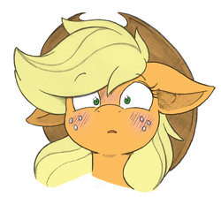 Size: 603x539 | Tagged: safe, artist:joey darkmeat, artist:shawnyall, applejack, earth pony, pony, g4, blushing, cowboy hat, female, floppy ears, freckles, hat, looking at you, mare, open mouth, simple background, solo, stetson, white background