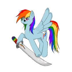 Size: 900x900 | Tagged: safe, artist:hewhoerasesmost, rainbow dash, g4, dexterous hooves, female, solo, sword, weapon