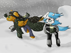 Size: 900x675 | Tagged: safe, oc, oc only, oc:minty candy, oc:twintails, pegasus, pony, unicorn, fallout equestria, fallout equestria: occupational hazards, armor, balefire egg launcher, blizzard, clothes, glasses, gun, pipbuck, rifle, snow, snowfall, storm