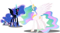 Size: 6301x3500 | Tagged: safe, artist:theshadowstone, nightmare moon, princess celestia, twilight sparkle, alicorn, pony, g4, female, glowing, glowing horn, horn, jewelry, mare, regalia, simple background, spread wings, transparent background, twilight sparkle (alicorn), wings