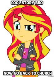 Size: 533x768 | Tagged: safe, sunset shimmer, equestria girls, g4, christian sunset shimmer, clothes, crossed arms, female, humanized, image macro, jacket, leather jacket, meme, mouthpiece, neoreactionary sunset shimmer, solo, text
