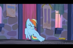 Size: 960x640 | Tagged: safe, screencap, rainbow dash, pegasus, pony, g4, season 5, the cutie map, discovery family, discovery family logo, door, equal cutie mark, eyes closed, female, letterboxing, logo, mare, solo, struggling