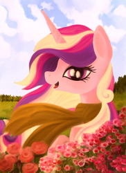 Size: 1700x2338 | Tagged: safe, artist:pedrohander, edit, princess cadance, g4, :d, bust, flower, happy, open mouth, open smile, side view, smiling, solo