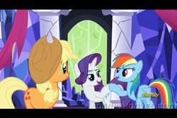 Size: 960x640 | Tagged: safe, screencap, applejack, rainbow dash, rarity, castle sweet castle, g4, hoofbump