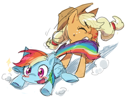 Size: 617x498 | Tagged: safe, artist:baekgup, applejack, rainbow dash, earth pony, pegasus, pony, g4, blushing, eyes closed, freckles, hat, open mouth, pulling, sweat, tail bite, tail pull