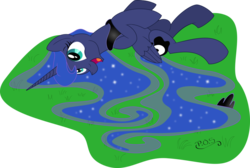Size: 1024x689 | Tagged: safe, artist:midnightblitzz, artist:uminanimu, princess luna, pony, g4, colored, cute, drawing, female, happy, horses doing horse things, lunabetes, lying down, on back, silly, silly pony, smiling, solo