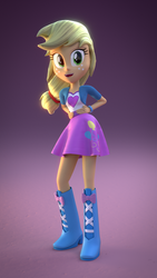 Size: 1080x1920 | Tagged: safe, artist:3d thread, artist:creatorofpony, applejack, pinkie pie, equestria girls, g4, 3d, 3d model, beautiful, blender, blonde, boots, bracelet, clothes, clothes swap, cute, female, freckles, hand on hip, hatless, jackabetes, missing accessory, open mouth, open smile, pink, pinkie pie's boots, pinkie pie's clothes, pinkie pie's skirt, shirt, silly, skirt, smiling, solo, teenager, vest