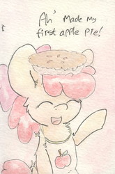 Size: 675x1025 | Tagged: safe, artist:slightlyshade, apple bloom, g4, female, happy, pie, solo, traditional art