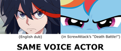 Size: 1403x594 | Tagged: safe, artist:ocarina0ftimelord, rainbow dash, g4, close-up, death battle, erica mendez, exploitable meme, kill la kill, meme, ryuko matoi, same voice actor