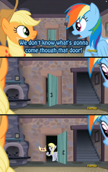 Size: 960x1528 | Tagged: safe, edit, applejack, derpy hooves, rainbow dash, pegasus, pony, g4, the cutie map, comic, female, mare, meme, that door, the grey one's glorious return, welcome back derpy