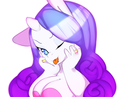 Size: 1280x1021 | Tagged: safe, artist:tesuai, rarity, anthro, g4, breasts, busty rarity, cleavage, female, solo, wink