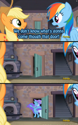 Size: 960x1528 | Tagged: safe, edit, applejack, rainbow dash, trixie, pony, unicorn, g4, the cutie map, comic, female, mare, meme, that door