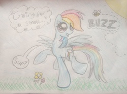 Size: 2068x1534 | Tagged: safe, rainbow dash, bee, g4, cloud, cute, flower, sun, traditional art