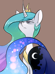 Size: 768x1024 | Tagged: safe, artist:underpable, princess celestia, princess luna, alicorn, pony, derpin daily, g4, alicorn eclipse, butt, celestia is not amused, dock, face down ass up, female, frown, gray background, mare, moonbutt, plot, royal sisters, simple background, unamused