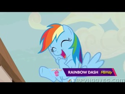 Size: 1024x768 | Tagged: safe, rainbow dash, g4, the cutie map, cute, dashabetes, discovery family, discovery family logo, eyes closed, female, flying, happy, laughing, open mouth, smiling, solo