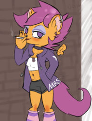 Size: 654x854 | Tagged: safe, artist:mrschocotastic, scootaloo, anthro, g4, belly button, belly piercing, bellyring, cigarette, clothes, earring, female, floating wings, midriff, piercing, smoking, solo