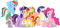 Size: 5370x2543 | Tagged: safe, artist:shutterflyeqd, applejack, fluttershy, pinkie pie, rainbow dash, rarity, spike, sunset shimmer, twilight sparkle, alicorn, dragon, earth pony, pegasus, pony, unicorn, g4, alternate mane seven, crying, female, male, mane seven, mane six, mare, redemption, simple background, smiling, tears of joy, transparent background, twilight sparkle (alicorn), vector