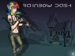 Size: 2400x1800 | Tagged: safe, artist:monnarcha, rainbow dash, human, g4, female, gun, humanized, solo